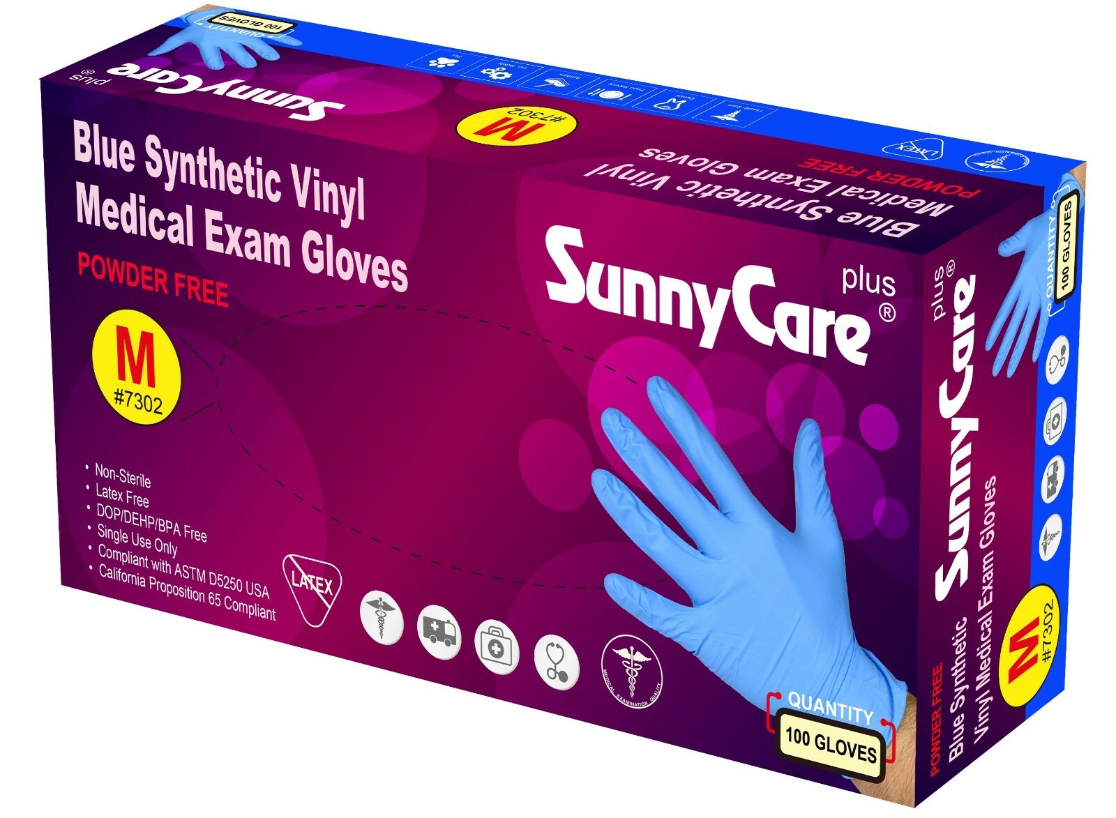100/box SunnyCare Blue Vinyl Synthetic Exam Gloves (Latex Nitrile Free) Size: M