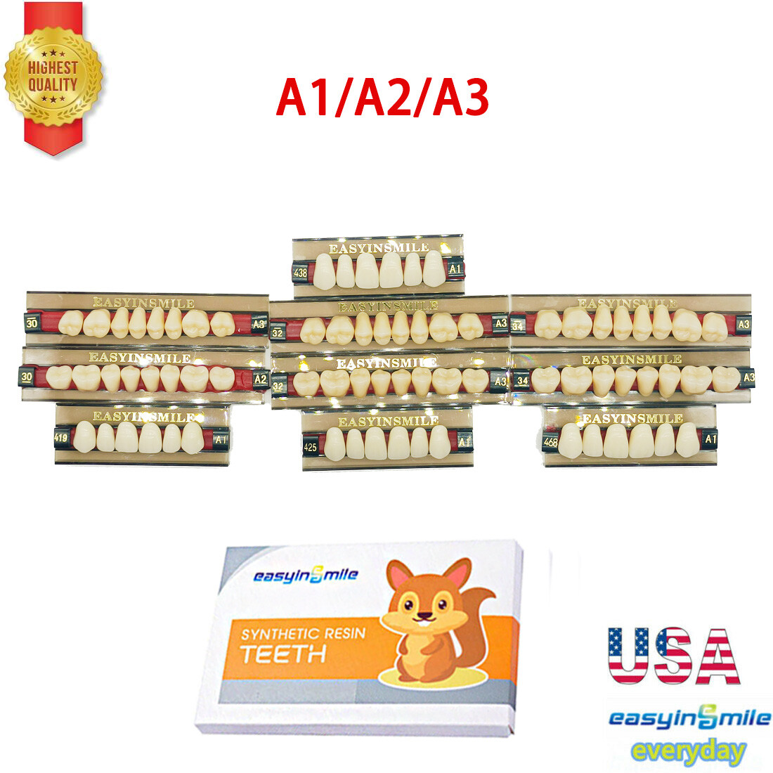 US Dental Acrylic Resin Teeth Anterior/Posterior Shade A1/A2/A3 Full Set Denture