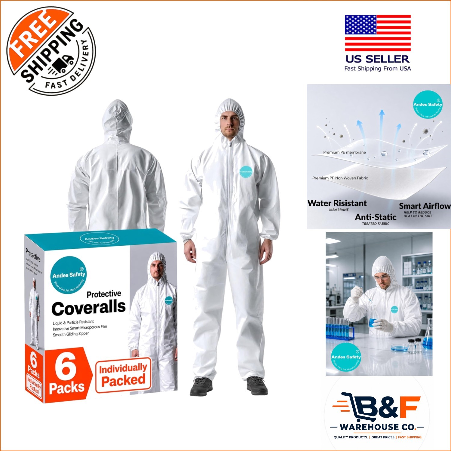 6 Individually-Wrapped Heavy Duty Disposable Coveralls with Integrated Hood