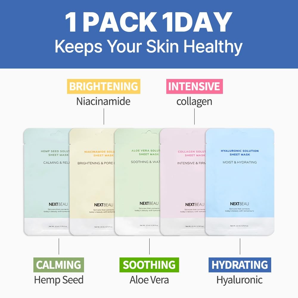 NEXTBEAU Solution Sheet Mask Variety Pack, 10 Count (5 1 (Pack of 10)
