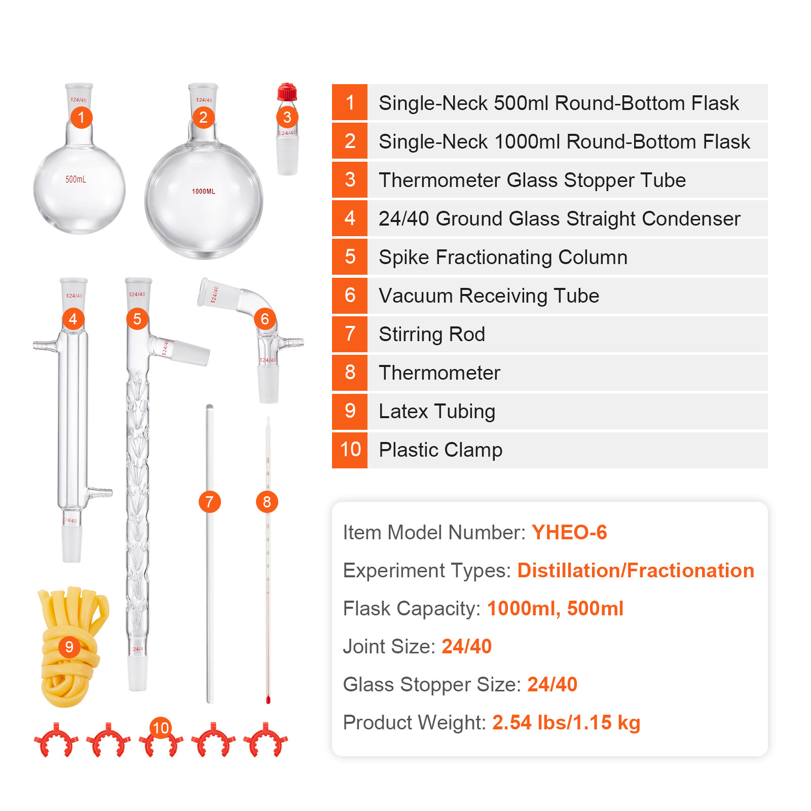 VEVOR Lab Glassware Distillation Kit 1000ml 3.3 Boro 14 pcs Glassware Equipment