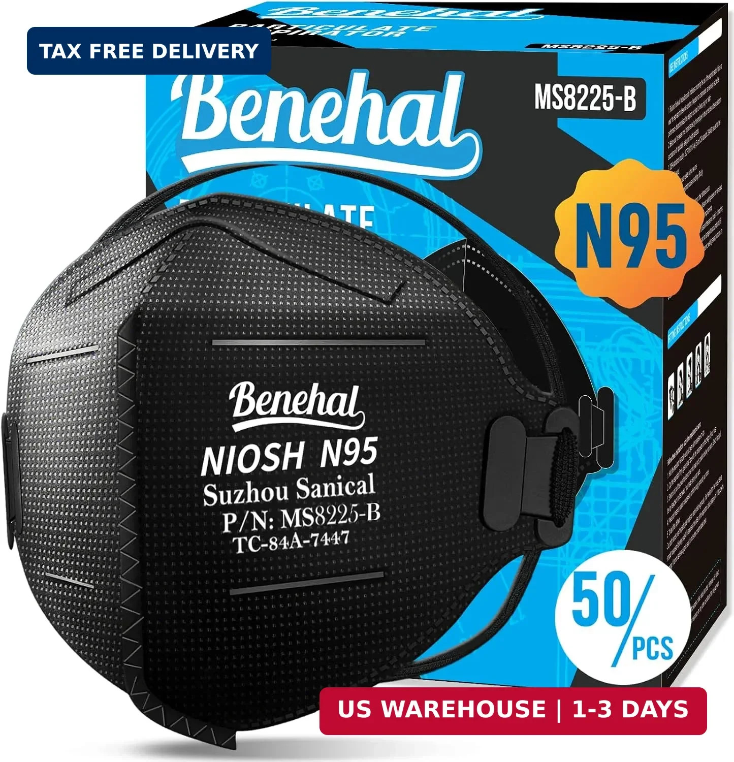 benehal NIOSH Approved N95 Mask Particulate Respirators, Pack of 50 N95 Face Mas