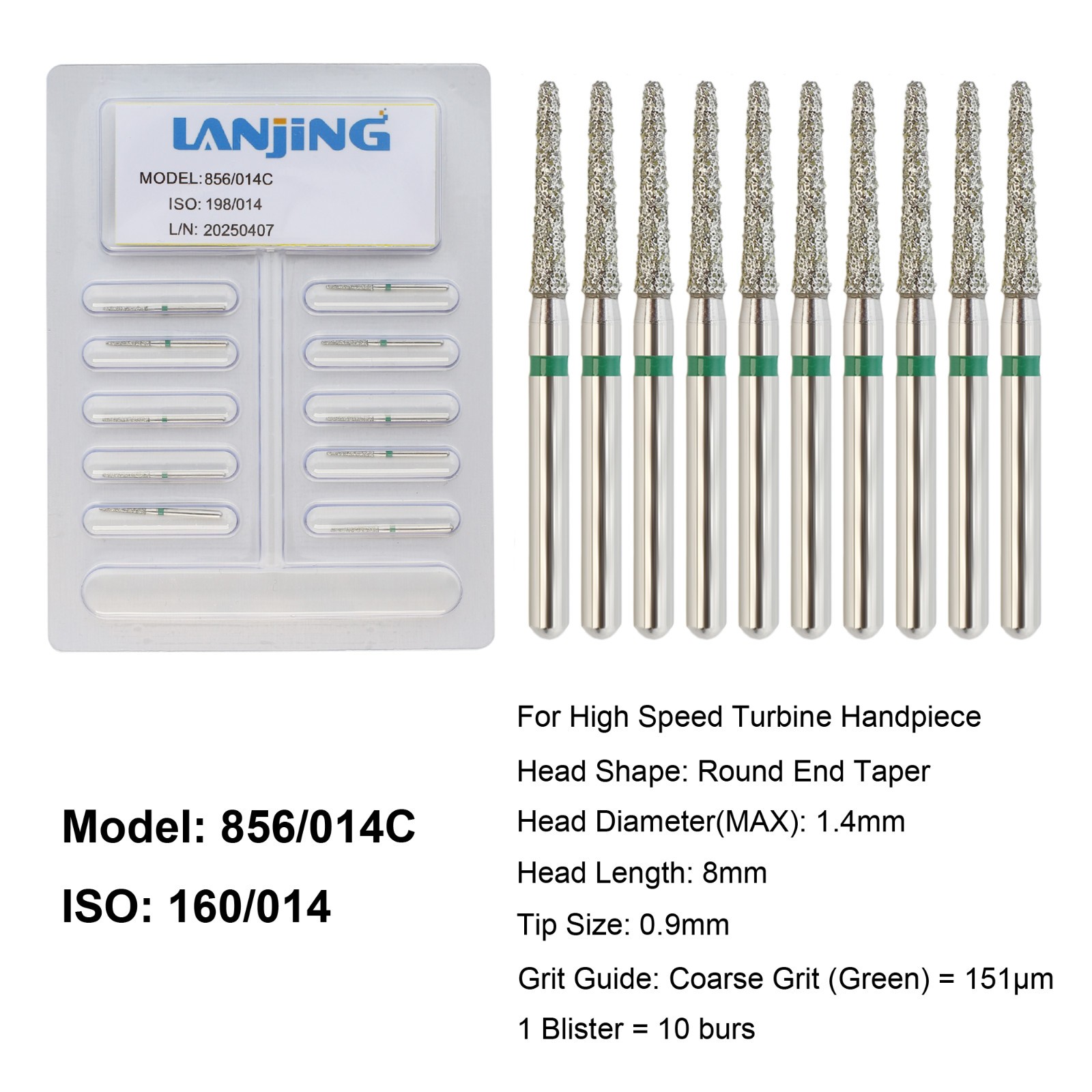 Dental Diamond Burs Round End Taper Football Coarse Fine High Speed 856 850 379