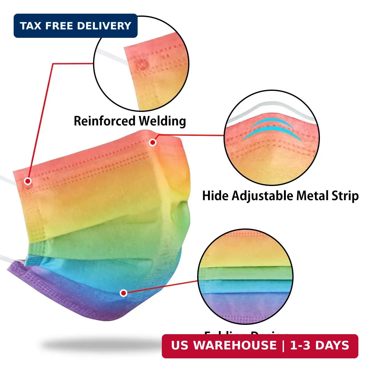 50Pcs Rainbow Printed Disposable Face Masks for Adults 3-ply Face Mask Gradient