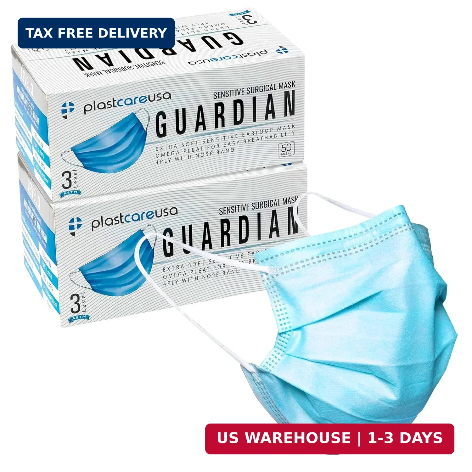 PlastCare USA 100 4-Ply ASTM Level 3 Face Masks, Disposable (Blue) (2 Boxes of 5