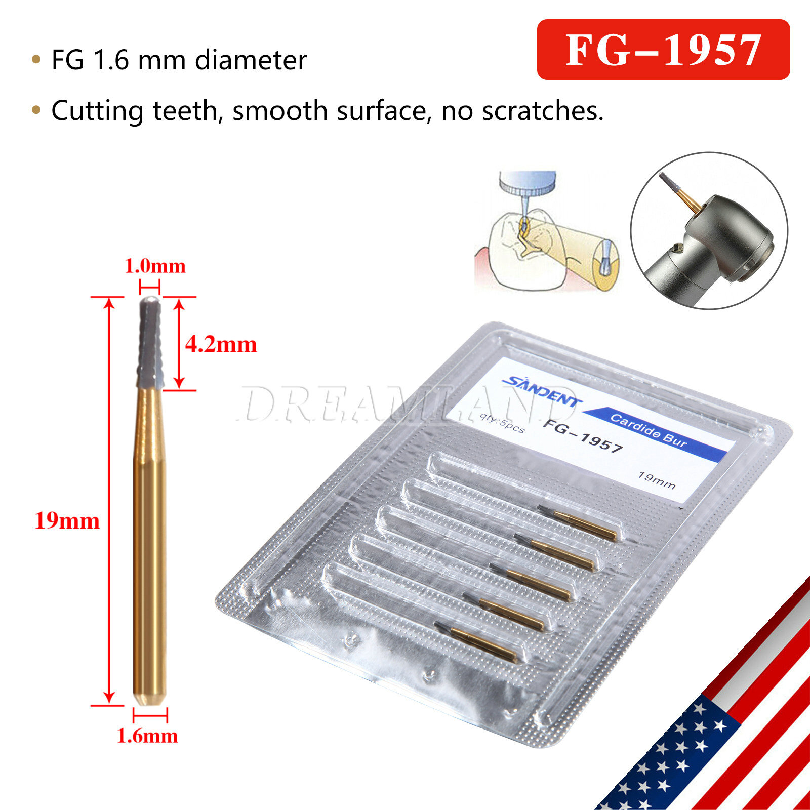 5pcs /set High Speed Dental Tungsten Steel Crown Metal Cutting Burs FG-1957 USA