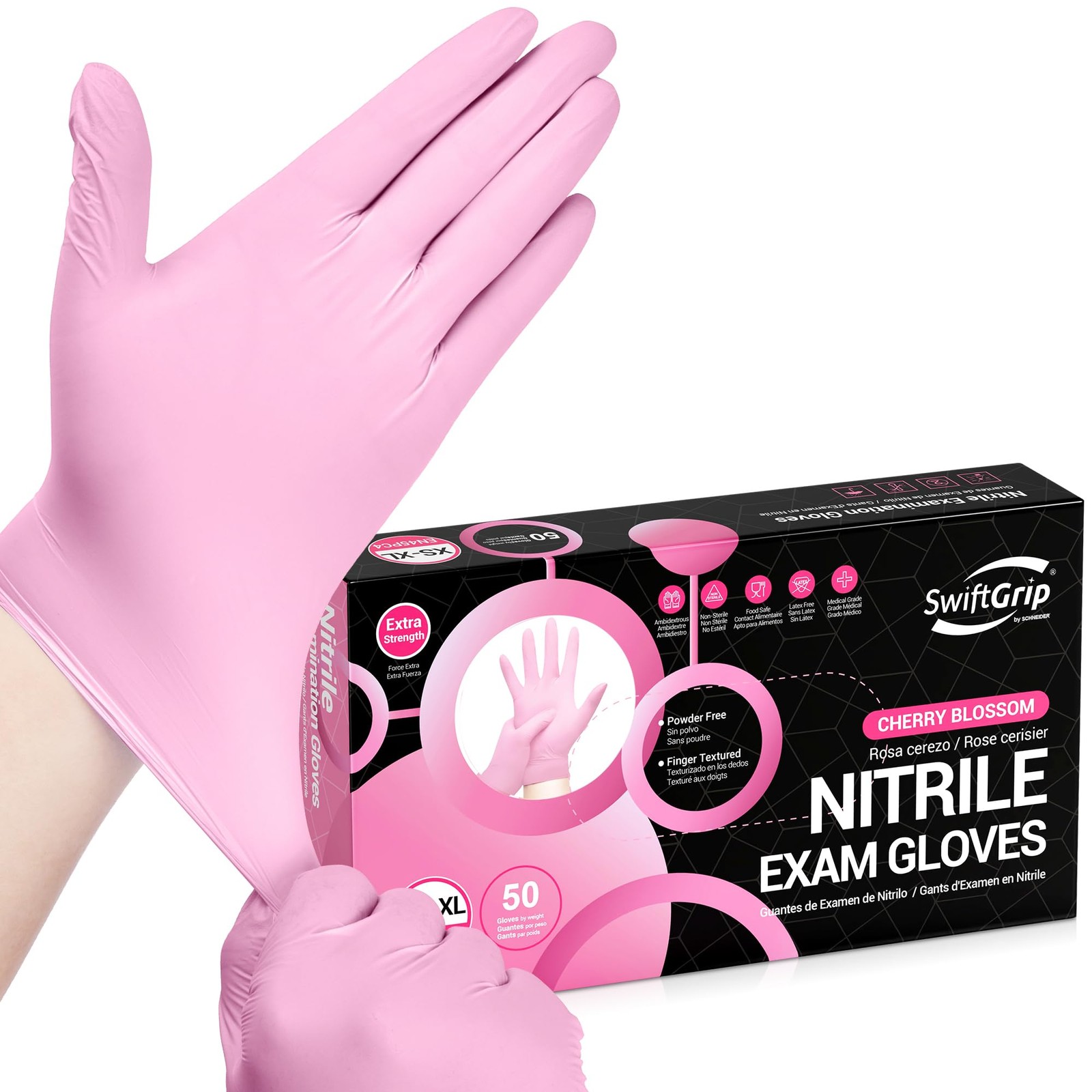 SwiftGrip Nitrile Exam Gloves, Medium, 4 Mil, Cherry Blossom, 50 Count