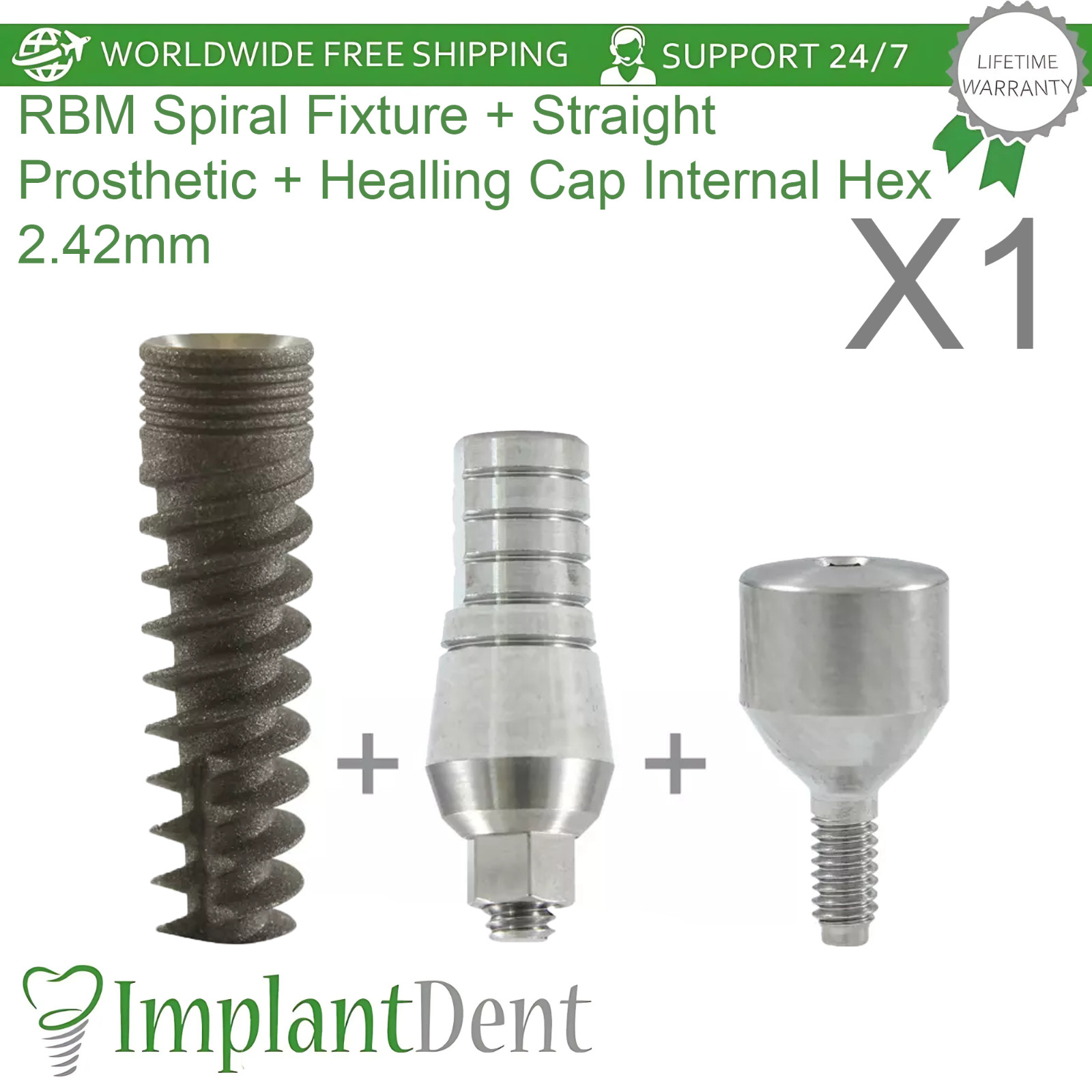 1x Dental Spiral Fixture RBM, Straight Prosthetic, Healing Cap Int Hex 2.42mm