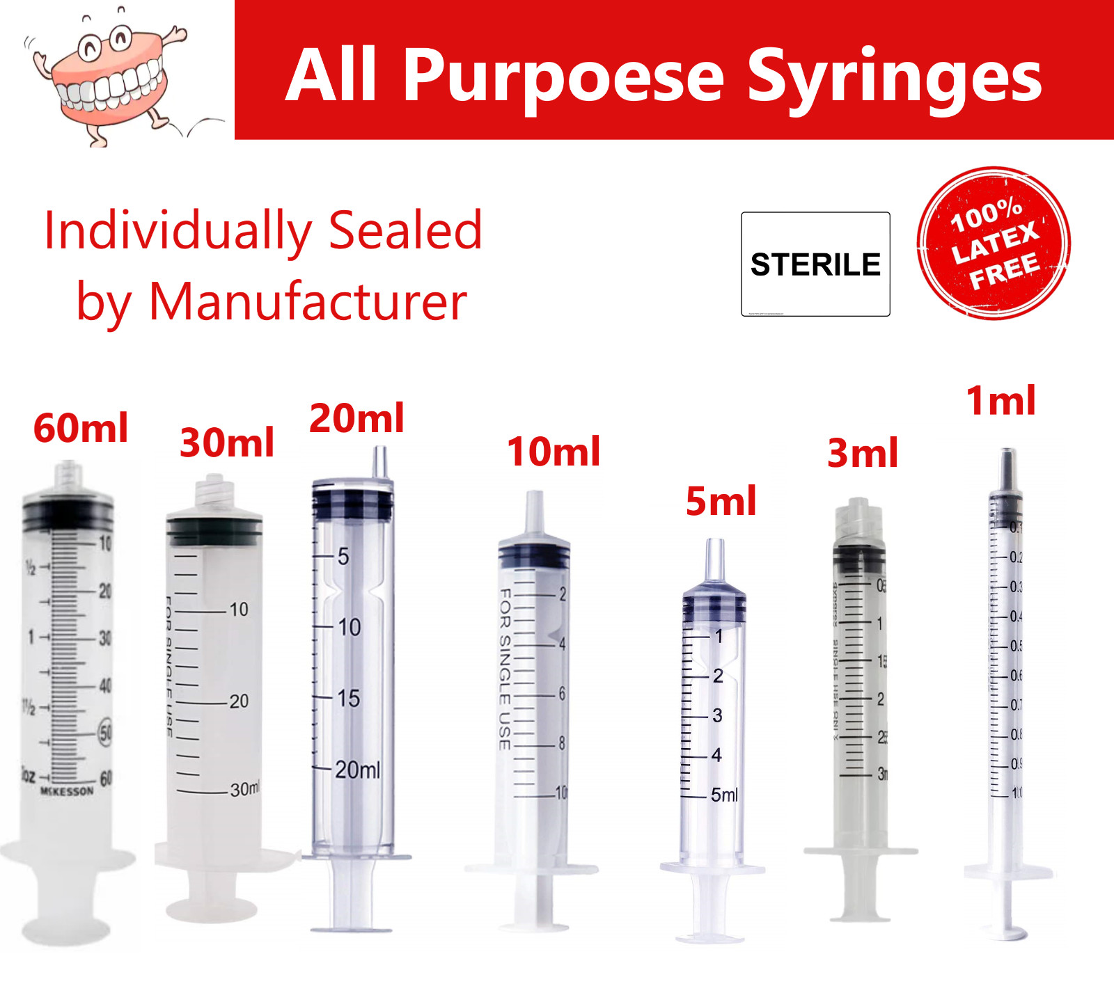 1ml / 1cc Syringe (No Needle) 3cc, 6cc, 20cc, 30, cc, 60cc, Choose Size & Pack
