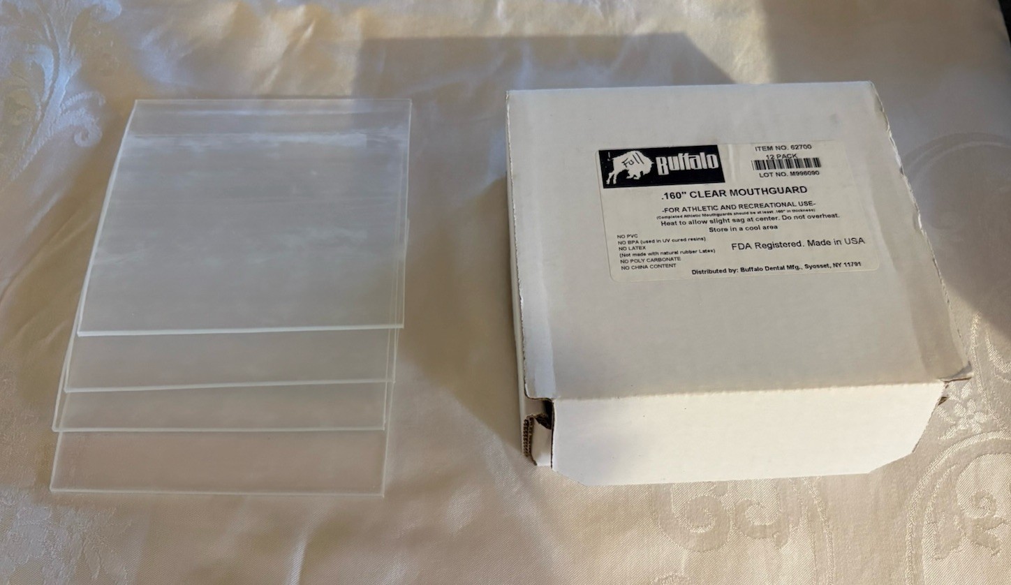 Buffalo Dental .160″ Clear EVA Mouthguard Material, 5″ x 5″, 12 sheets NOB