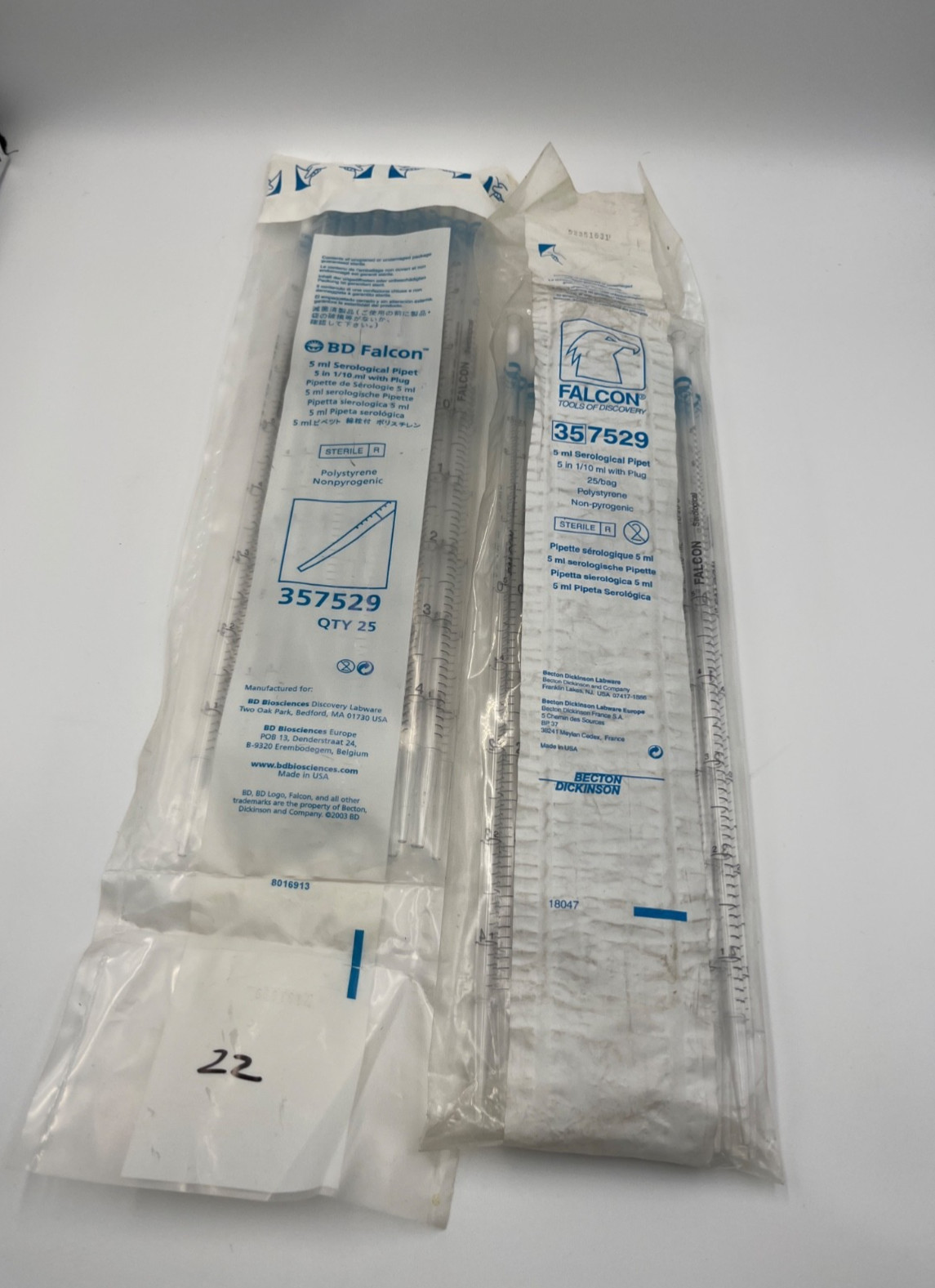 47 EACH BD Falcon 5ml Serological Pipets # 357529 Disposable in 1/10ml With Plug