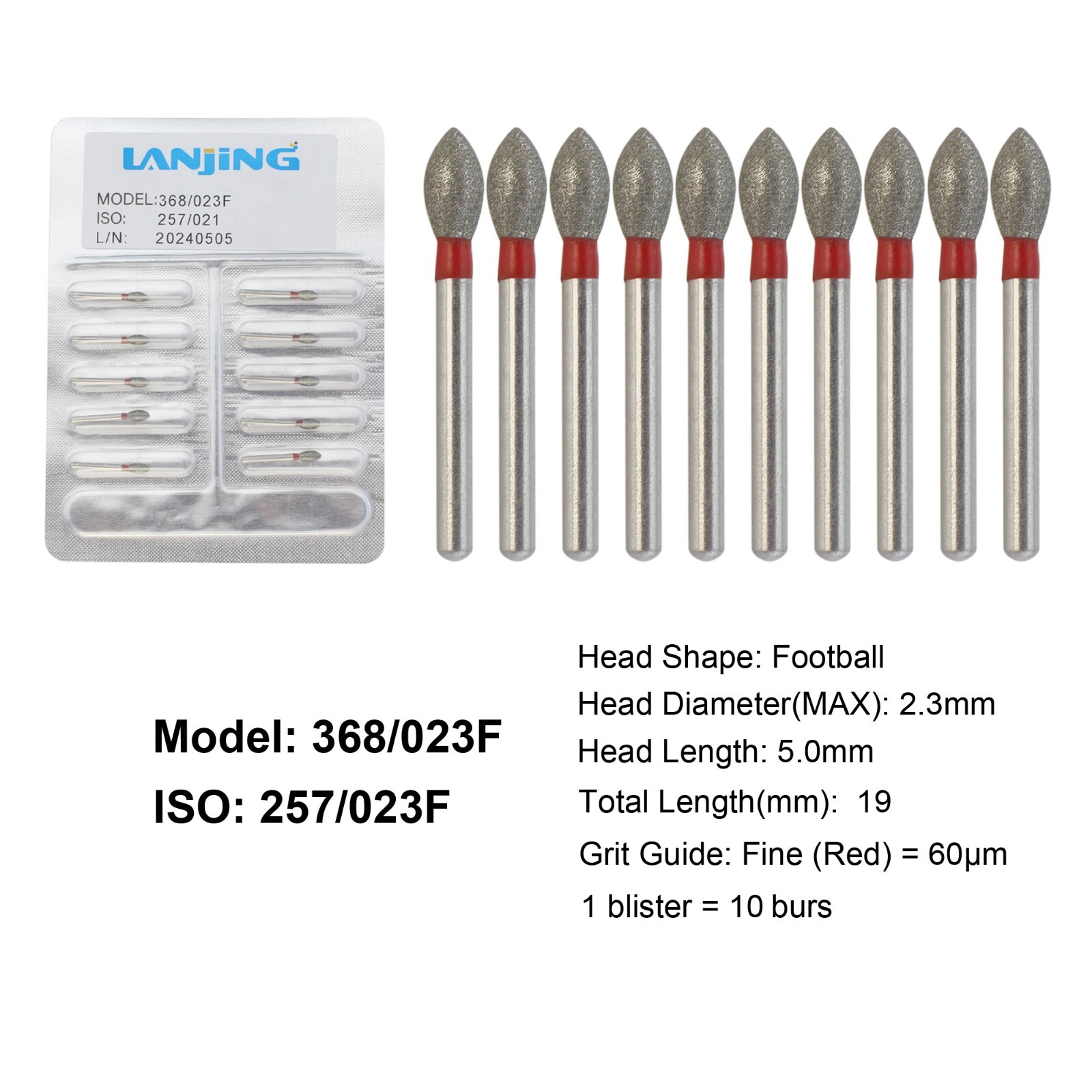 Dental Diamond Burs FG Football Diamond Bur Fine Grit Red 368/023F High Speed