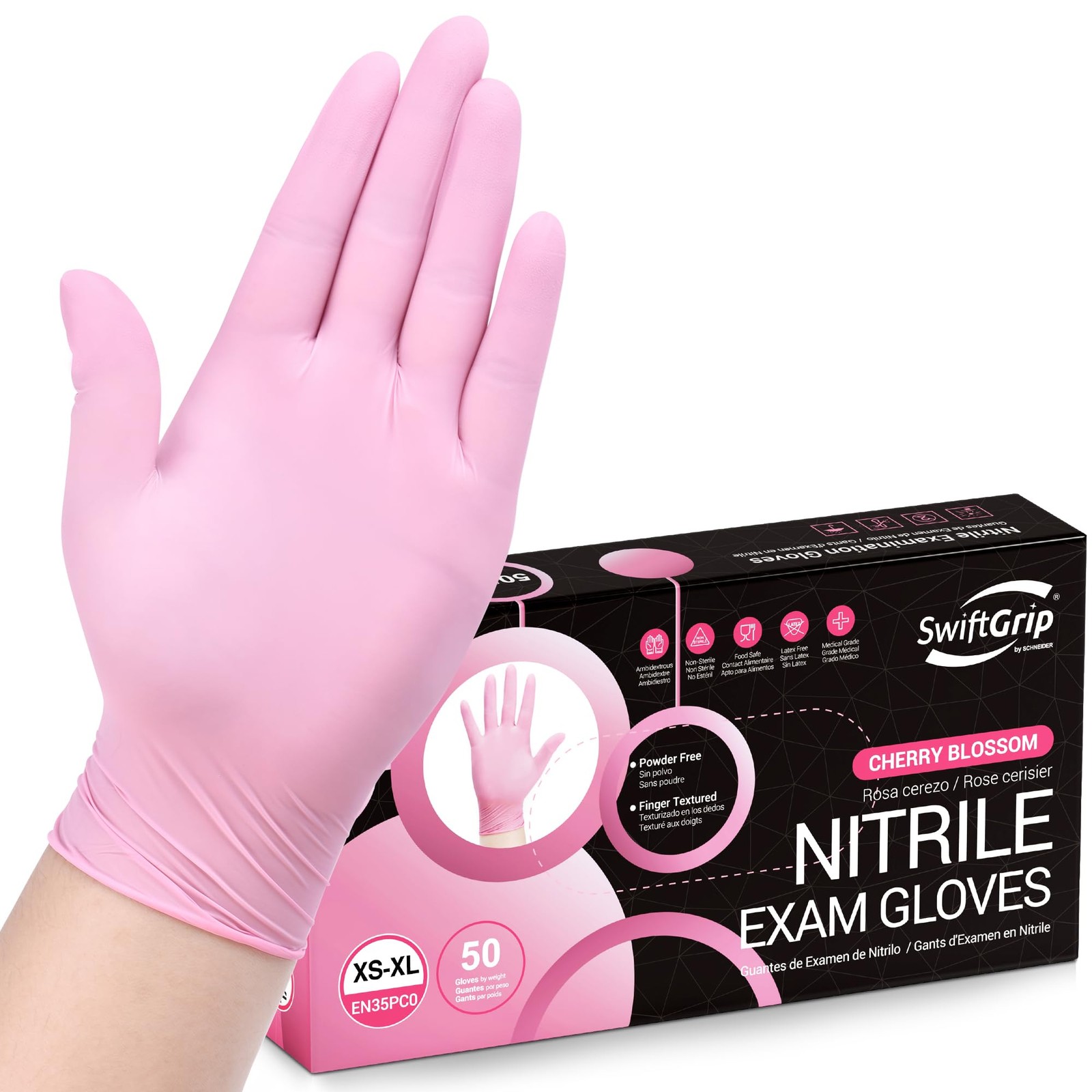 SwiftGrip Nitrile Exam Gloves, Latex~Free, Pink, Powder~Free, 50 ct, Small