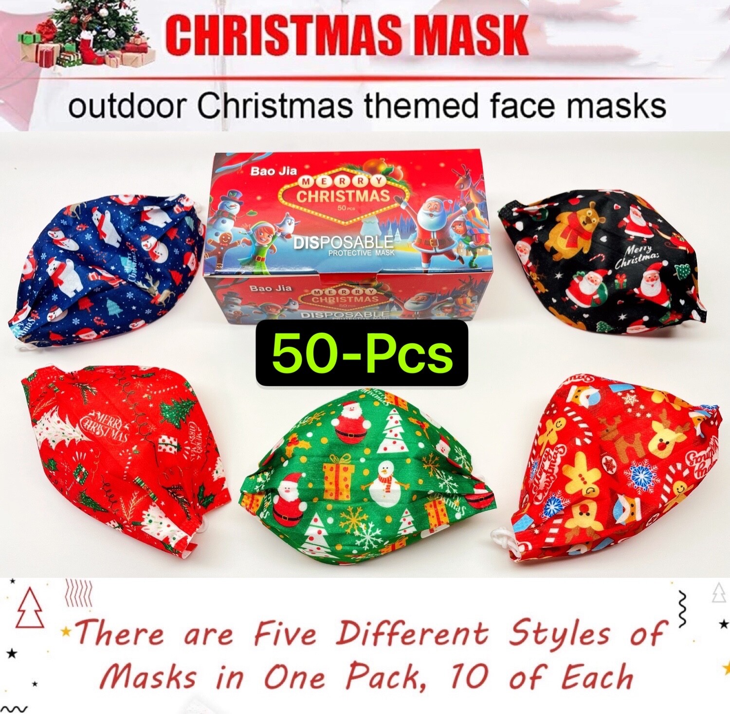 50Pcs Christmas Patterns Face Mask Mouth & Nose Protector Respirator Adult Masks