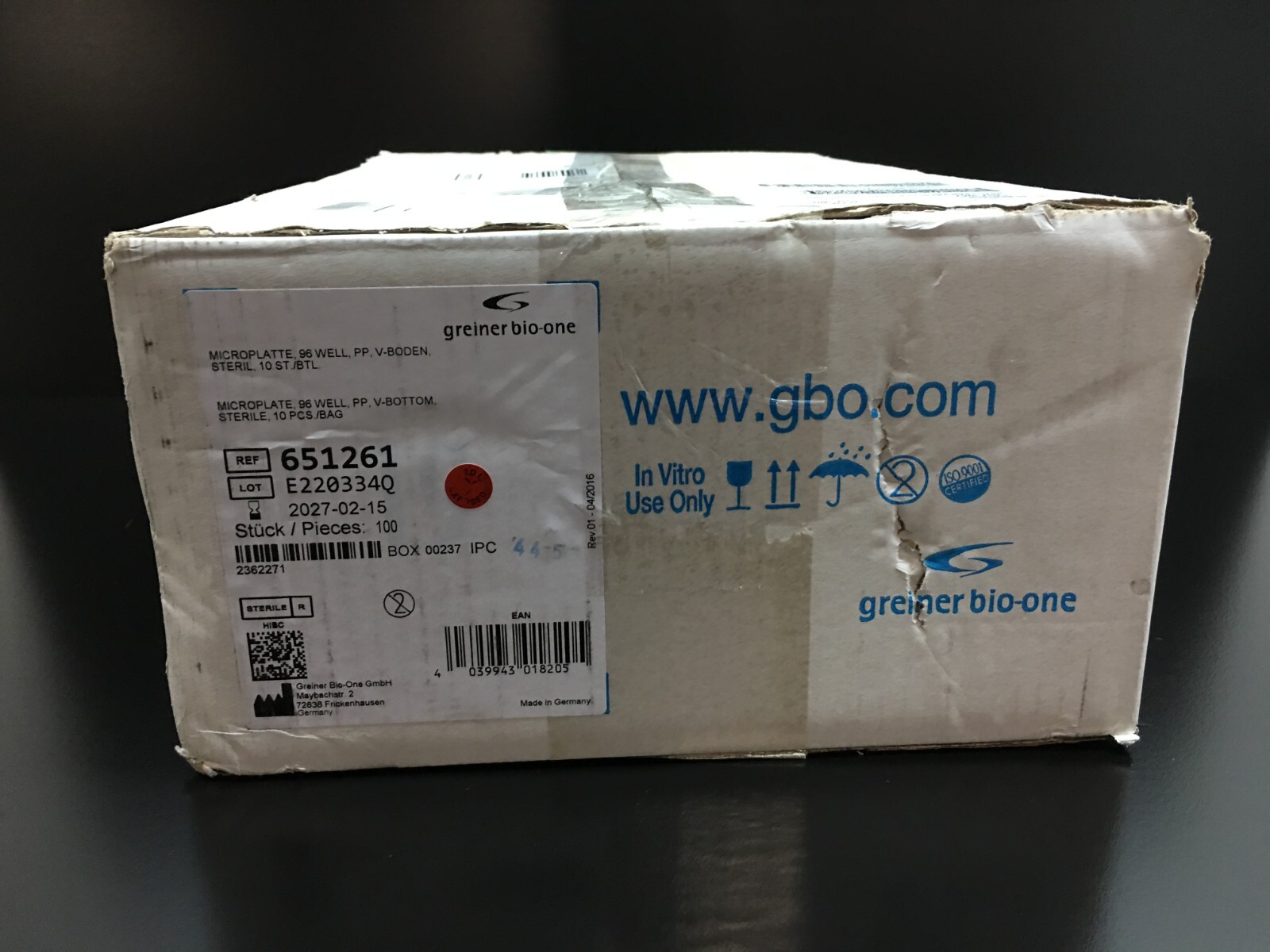 Greiner bio-one REF 651261 Microplate 96 Well V-BOTTOM Case of 100