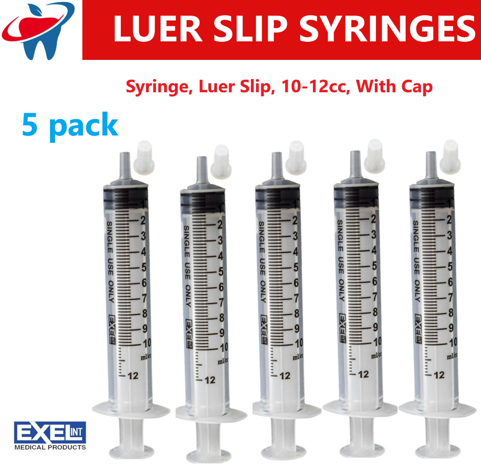 5 Pack- 10ml -10 cc (10-12) Plastic Syringewith Cap, Luer Slip, Large Syringes