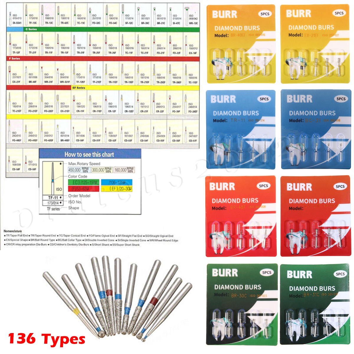 50pcs Diamond Burs FG Round End Taper Pear Football Fine Coarse Grit