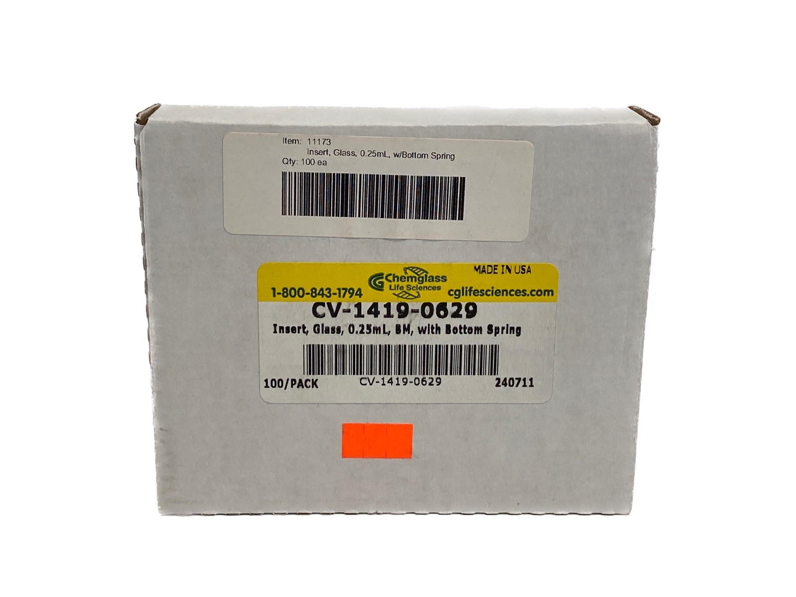 (100) CHEMGLASS 0.25mL Glass Inserts BM w/ Bottom Spring for Shell Vial CV-1419