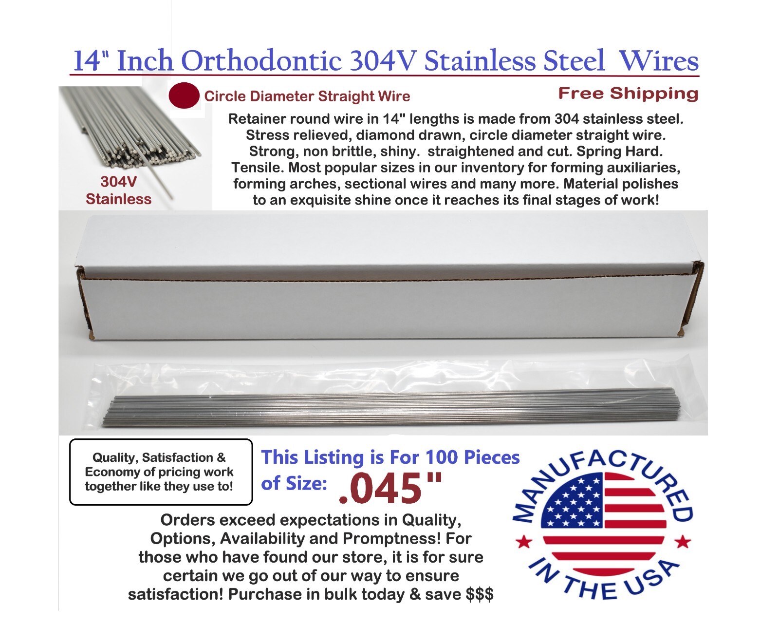 Orthodontic Stainless Steel Straight Lengths .045″ Wire SS 14” Lengths 100 Pack