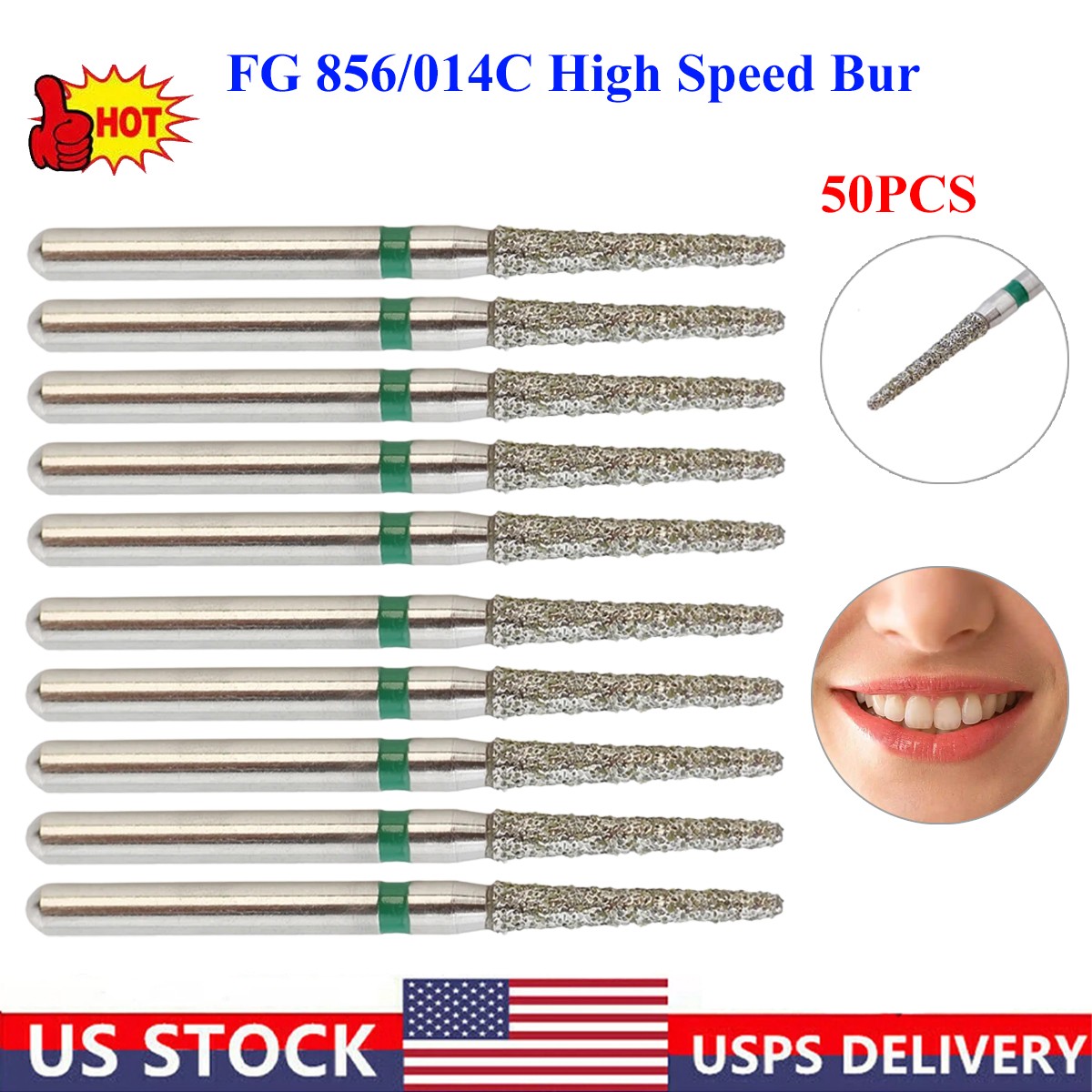 50x Dental Diamond Burs FG 856/014C Round End Taper Coarse Grit Friction Grip US