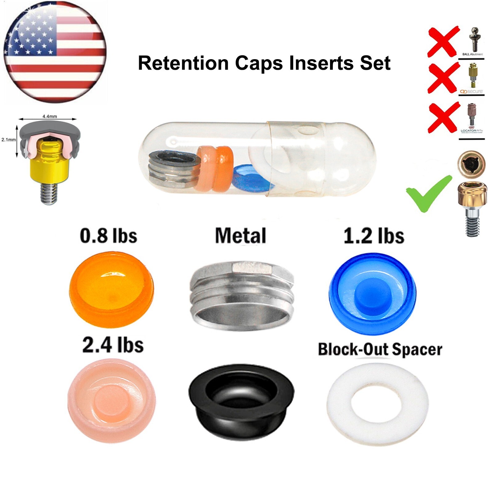 US 5Pcs/set Dental Overdenture Locator Attachment Retention Cap Male Cap Inserts