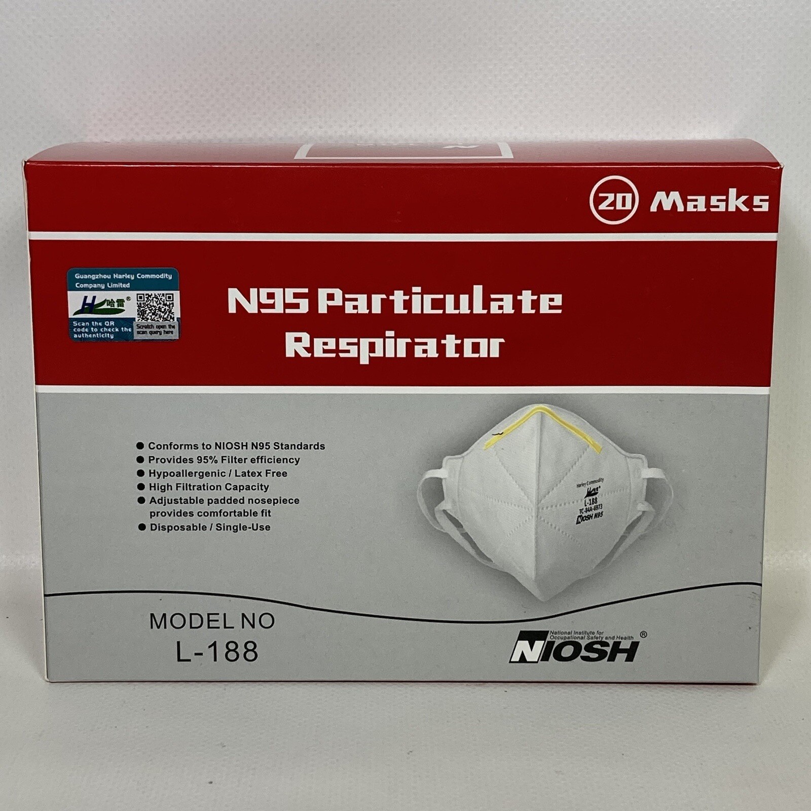 Harley L-188 N95 Particulate Respirator Mask NIOSH Approved Mask 20 Pack