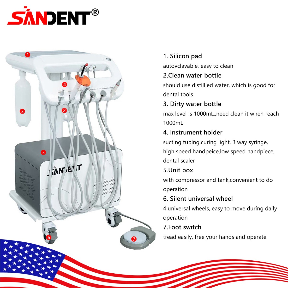 Portable Dental Delivery Unit Syringe Suction Turbine With Air Compressor 4Hole