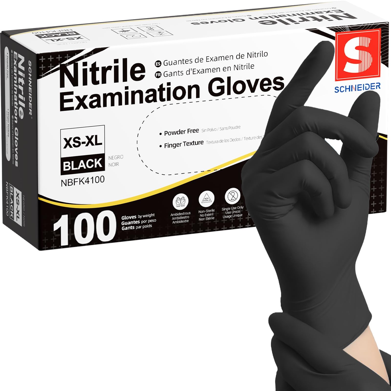 Schneider Black Nitrile Exam Gloves, Box of 100, Small, 01 Black(small 100)