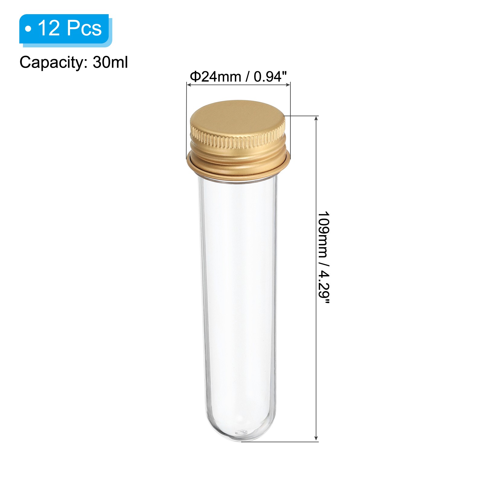 30ml Plastic Test Tubes with Screw Caps, 12Pcs 109x24mm Tubes, Gold Tone