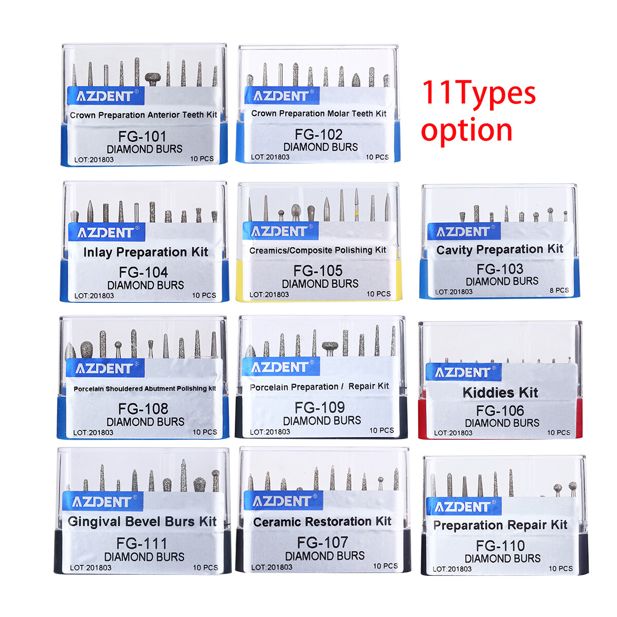 AZDENT Dental Diamond Burs Bur Set Kit FG101-FG117 fit Handpiece 10PCS/Kit