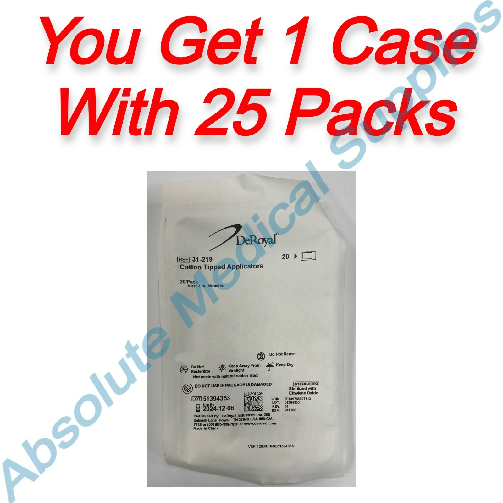 *25-Packs* DeRoyal Wooden Cotton Tipped 3″ Sterile Applicators 31-219