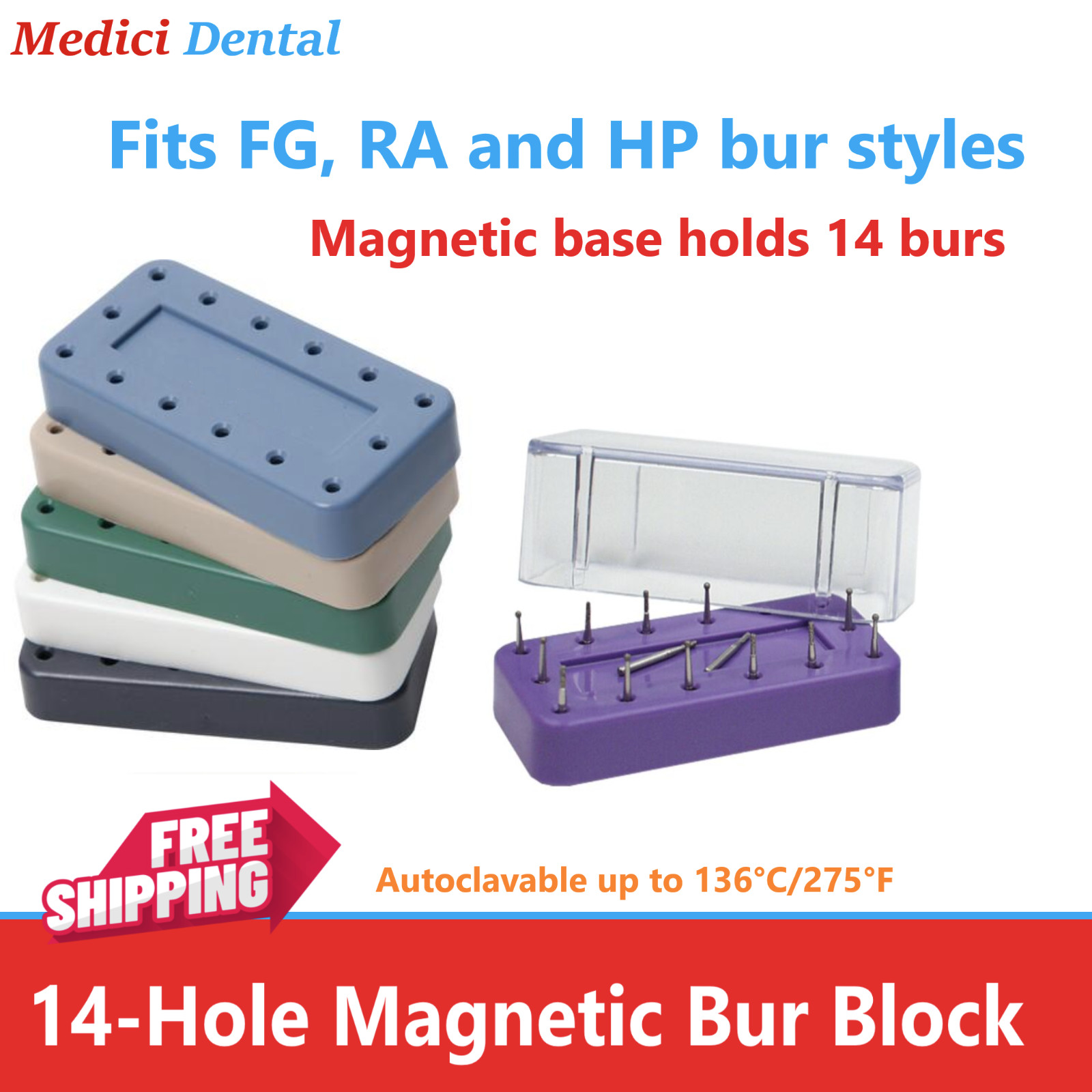 Dental Bur Block Magnetic RECTANGULAR Lab Holder Station Hold 14 Burs FG, HP, RA