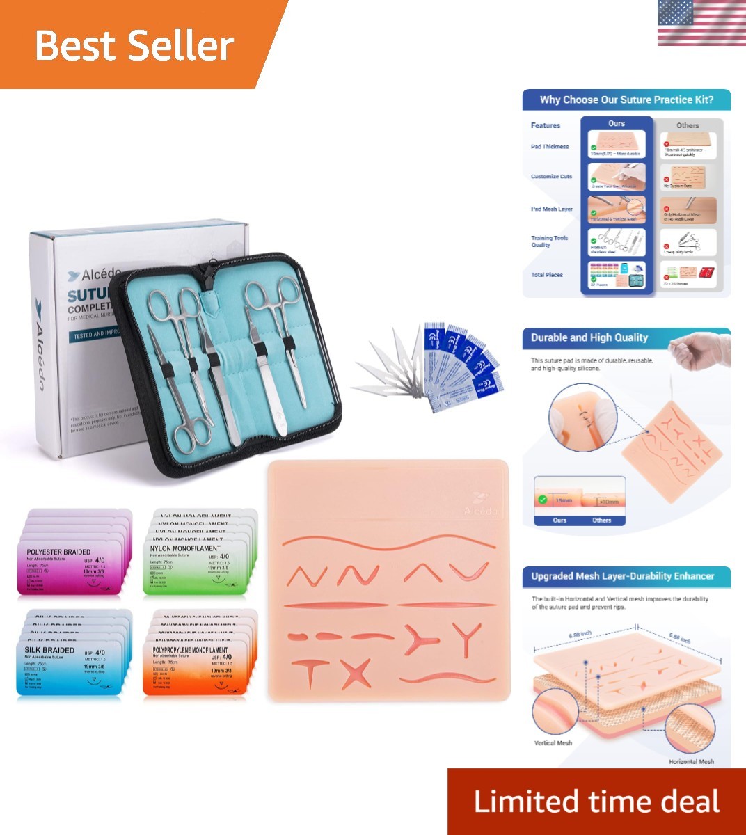 Medical Suture Practice Kit Complete Set with Large Suturing Pad and Tools