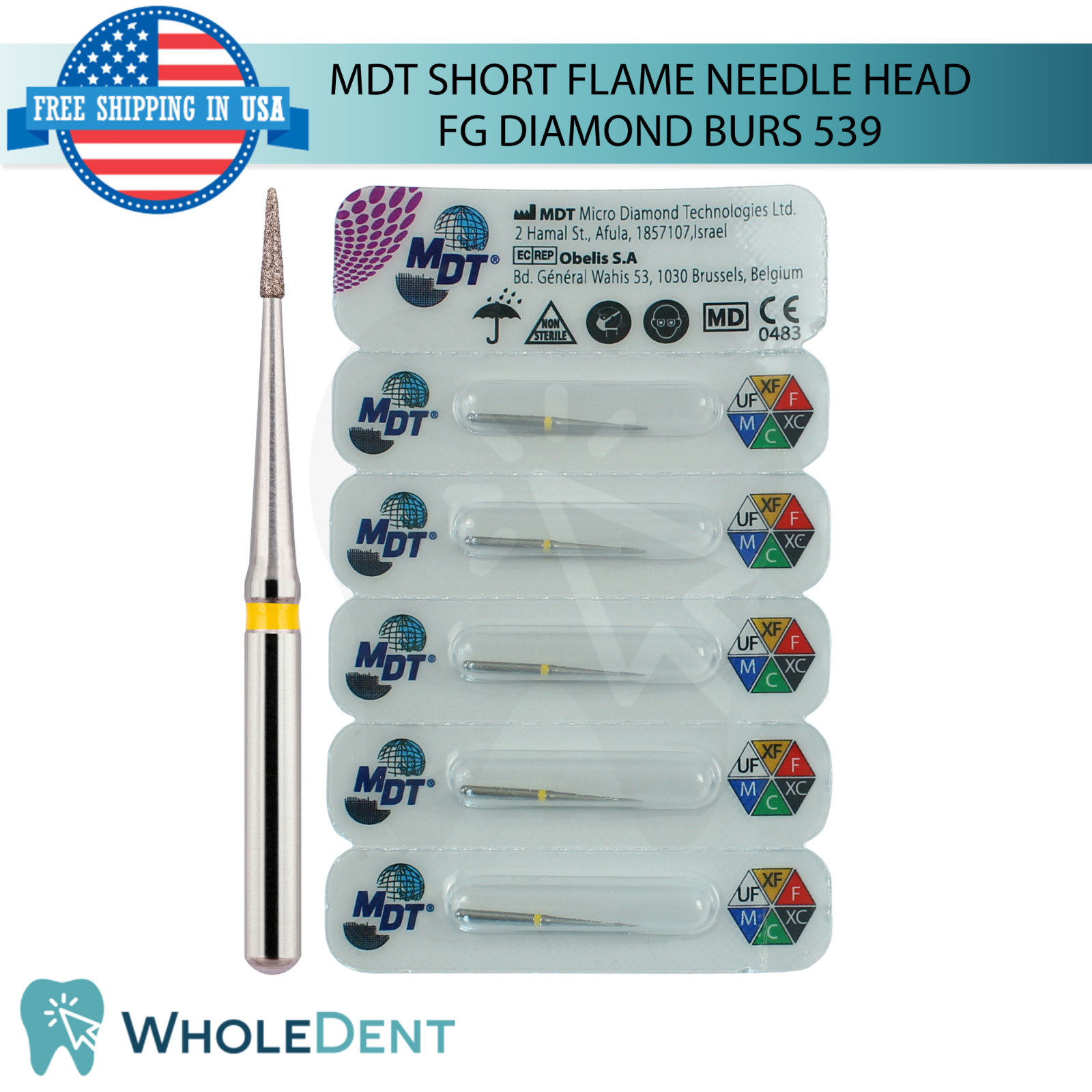 Dental MDT Short Flame Needle Head 539 FG Diamond Burs Ø0.7mmX3.0mm L21.0mm