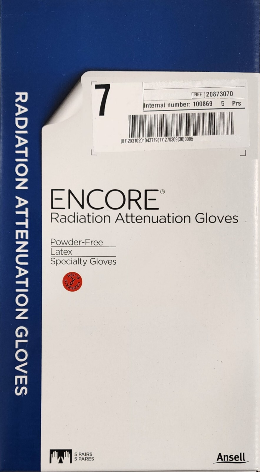 *5-Pairs* Ansell Encore Radiation Attenuation PF Gloves Size-7.0 Latex 20873070