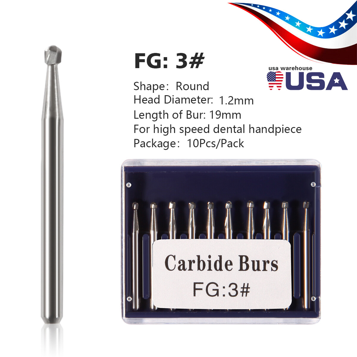 10pc/pack Dental Round Carbide Steel Tungsten Burs FG-3 for High Speed Handpiece