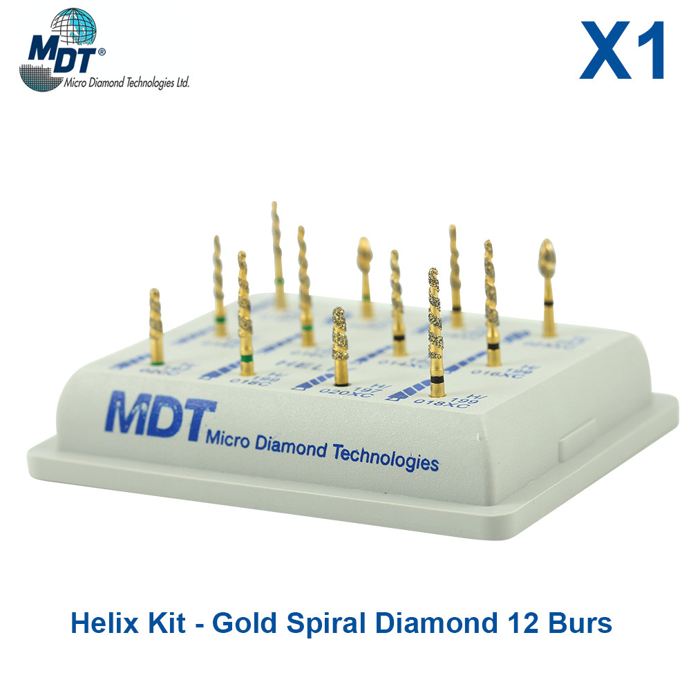 Dental MDT Helix Kit – Spiral Diamond Grit Burs Gold 24Karat Coating 12 Burs