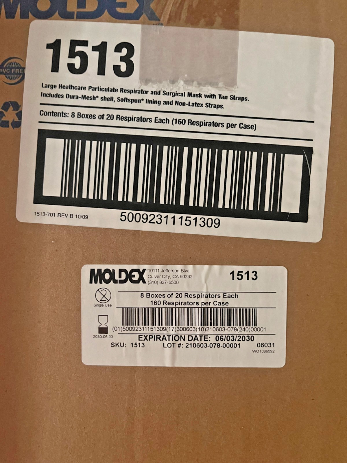 N95 Moldex 1513 (Large) Respirator Dust Flu Face Masks, NIOSH Approved 160 masks