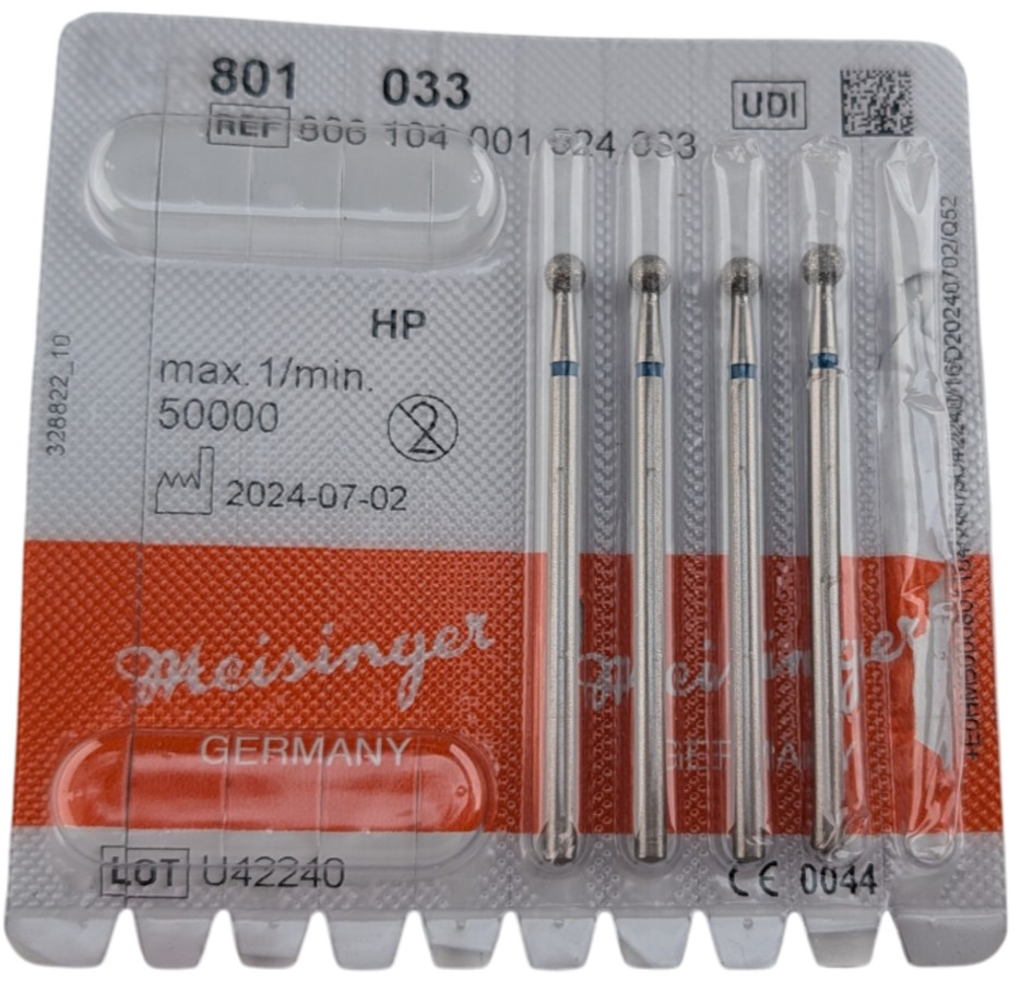 Meisinger 801-033-HP Dental Round Diamond Bur 3.3mm Medium HP 4pc Partial