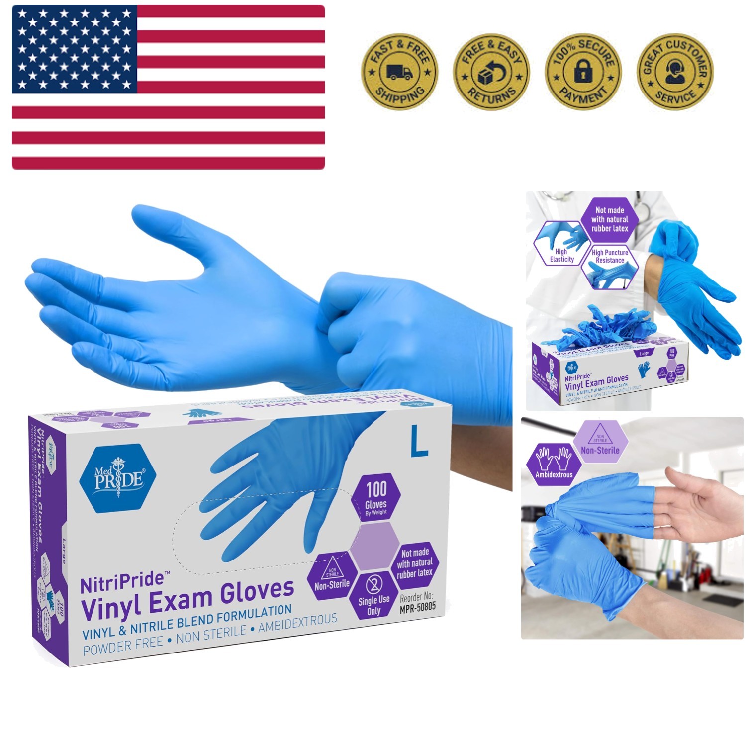 Nitrile/Vinyl Blend Exam Gloves, Powder-Free, Latex-Free, Disposable, Non-Ste…