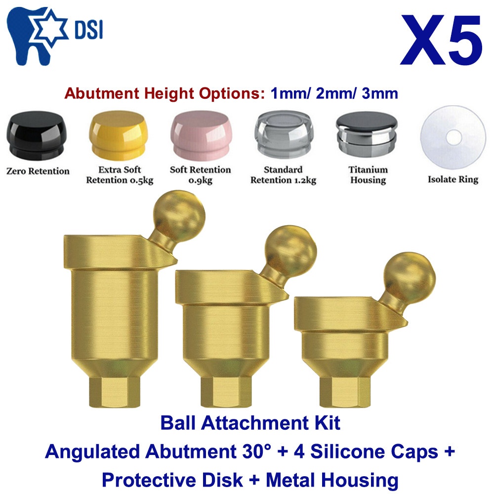 5x DSI Angulated Ball Attachment Abutment 30° Full Kit Overdenture Int Hex 2.42