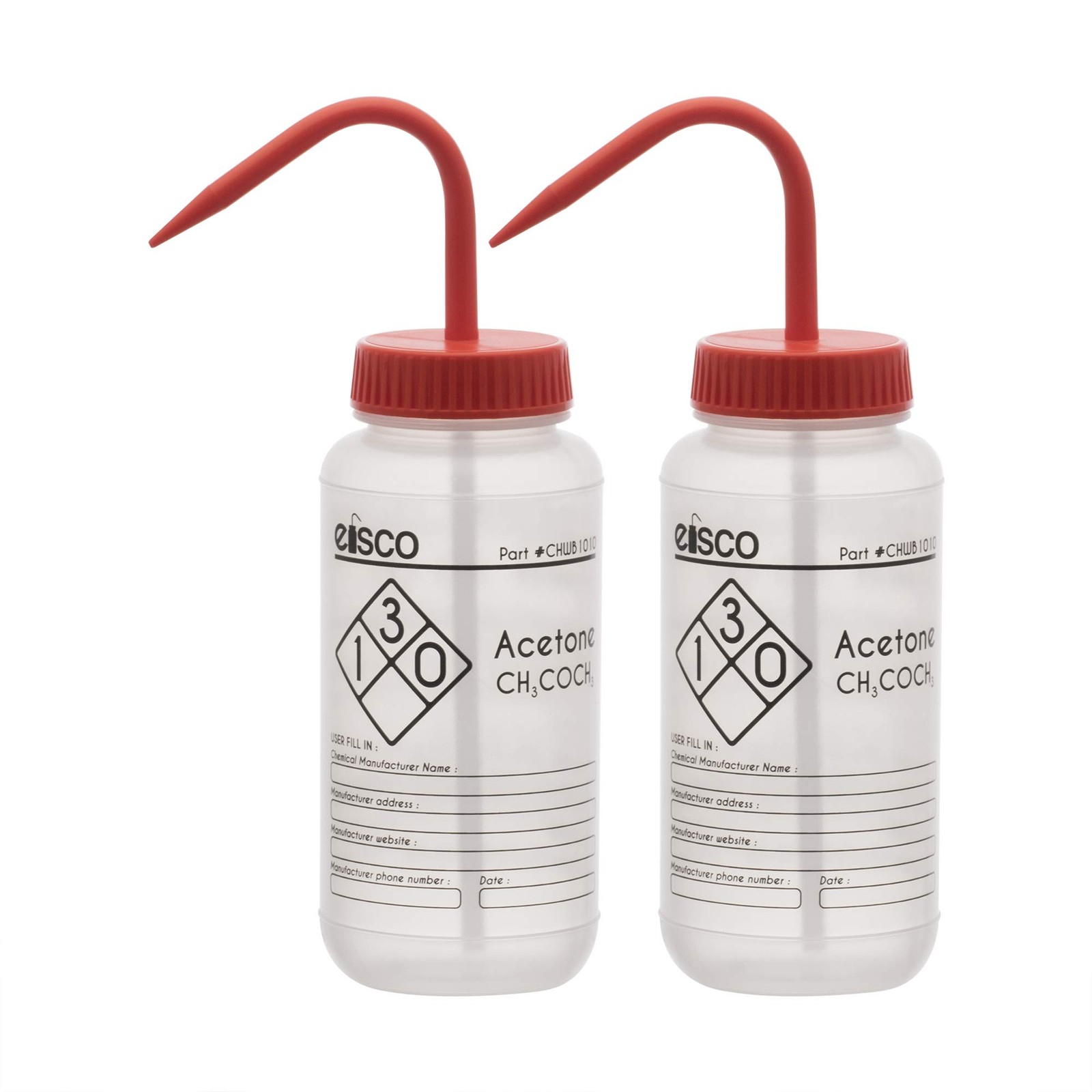 EISCO 2PK Wash Bottles for Acetone, 500ml – Labeled with 16.9 Ounces, Red