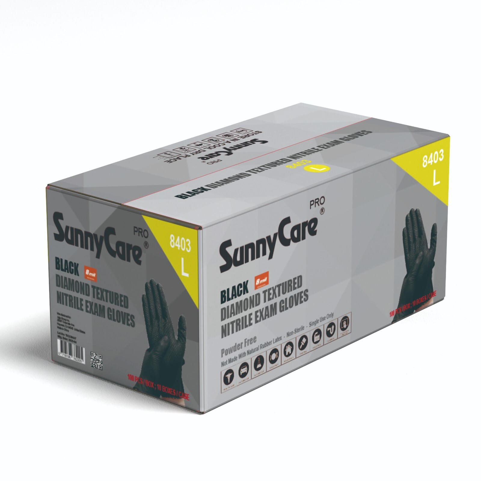 1000 SunnyCare® 8Mil Black Diamond Textured Nitrile Exam Gloves Powder Free L