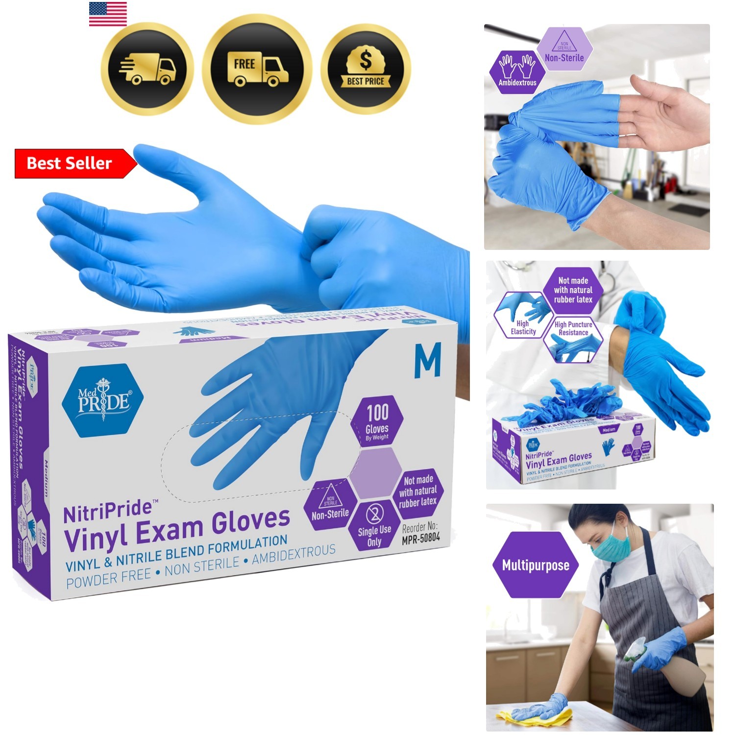 Nitrile/Vinyl Blend Exam Gloves, Powder-Free, Latex-Free, Disposable, Non-Ste…