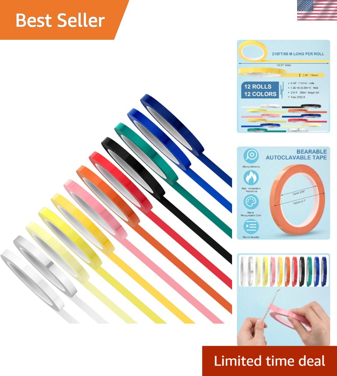 High-Temperature Autoclave Tape – 216ft x 0.4in for Tool Identification, 12 Pack