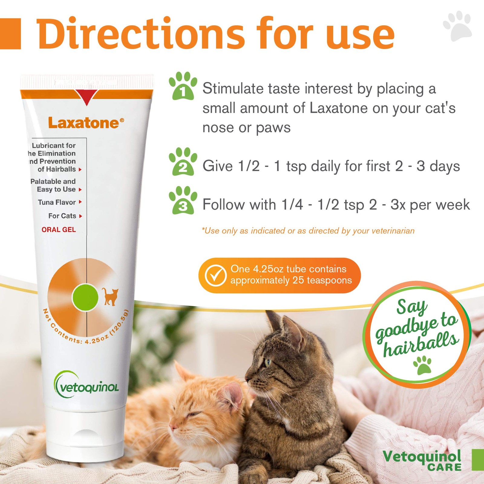 Vetoquinol Laxatone Hairball Oral Gel for Cats – Tuna Flavored, 4.25oz 2-Pack