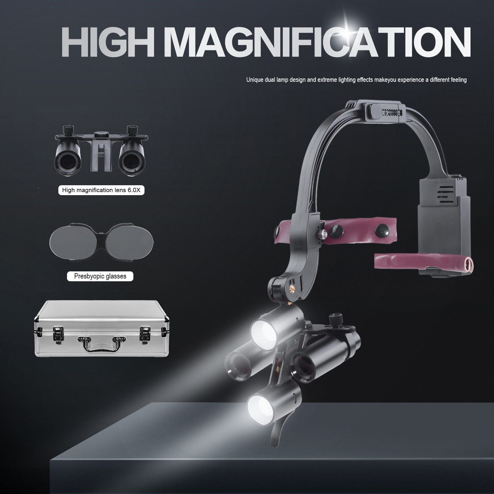 Dental Optical 5W Wireless LED Headlight Two LED Lights+6.0X-420 Loupes+AL-BOX