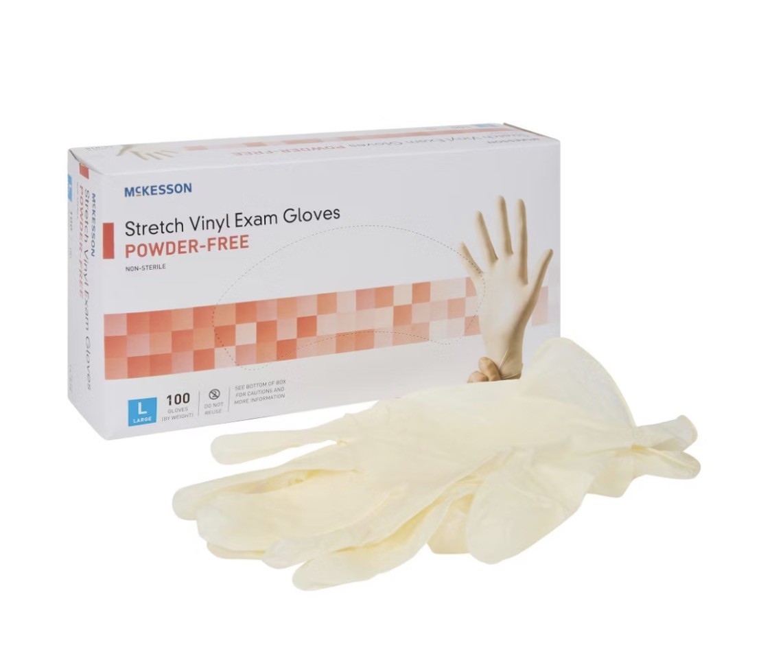 BOX of 100 Size L McKesson Vinyl Exam Gloves Powder Free, Non-Sterile MFR 14-118