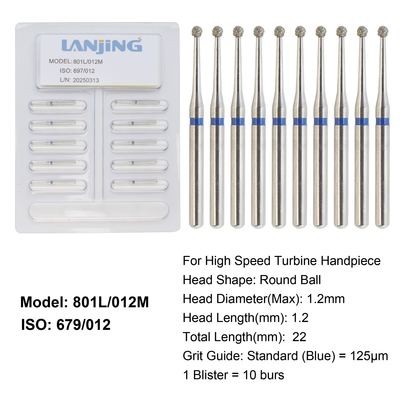 Dental Round Ball Surgical Diamond Burs FG 22mm Standard High Speed 801L/012M