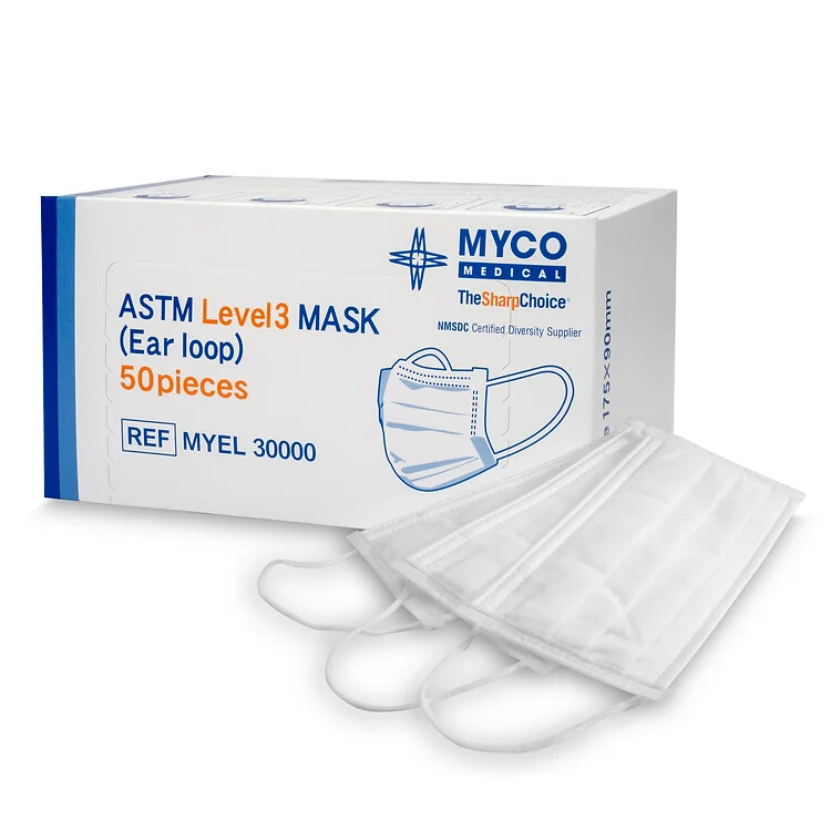 MYEL ASTM LEVEL 3 Earloop White Mask – Box/50 Non-Metallic/Non-Conductive